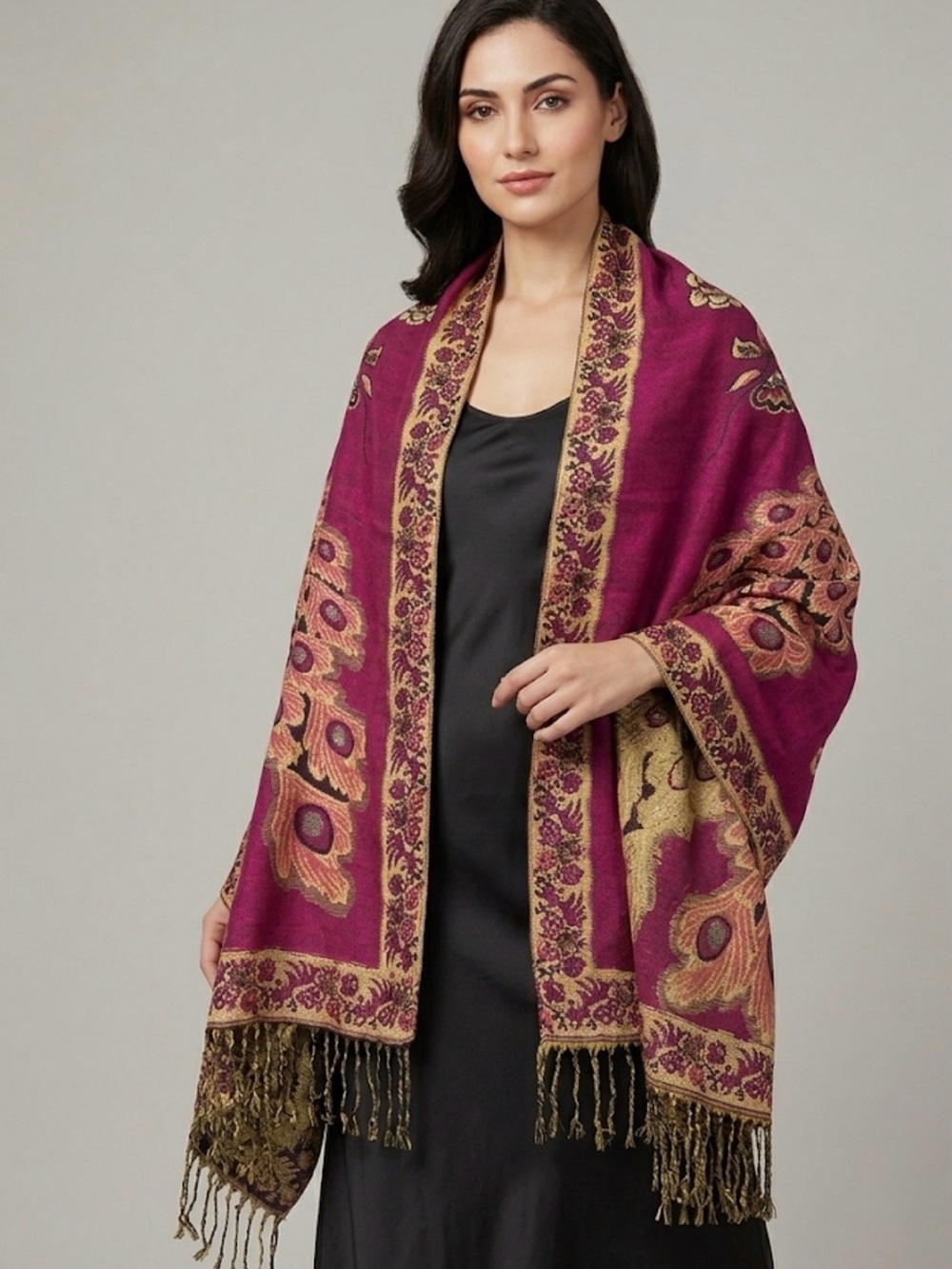 Nwt Reversible Paisley Peacock Pashmina Shawl Scarf in Magenta and Gold Mexican